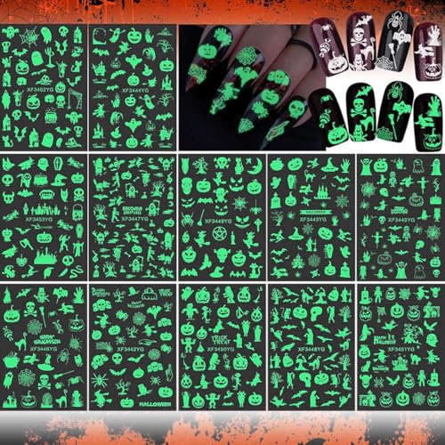 MAYCREATE 12 Sheets Halloween Nail Art Stickers, Luminous Nail Design Glow in The Dark Nail Decals, 3D Self-Adhesive Luminous Spooky Spider Web Skull Pumpkin Nail Art Design for Women Girls MAYCREATE 12 Sheets Halloween Nail Art Stickers, Luminous Nail Design Glow in The Dark Nail Decals, 3D Self-Adhesive Luminous Spooky Spider Web Skull Pumpkin Nail Art Design for Women Girls